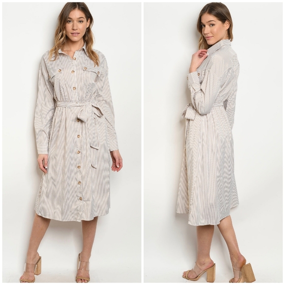 LAST ONE❗ESSUE Taupe Pinstripes Long Midi Shirt Dress - Picture 7 of 7